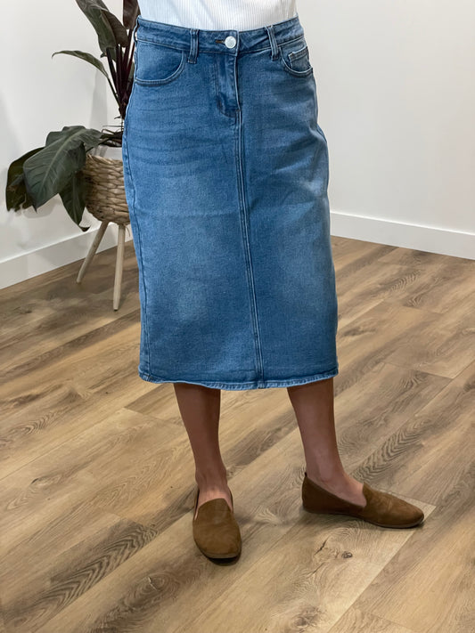 Remi Light Wash Denim Midi Skirt - Ladies & Lavender Boutique