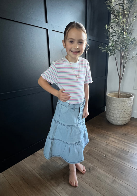 "Brielle" Girls Denim Flare Denim Skirt in Light Indigo - Ladies & Lavender Boutique