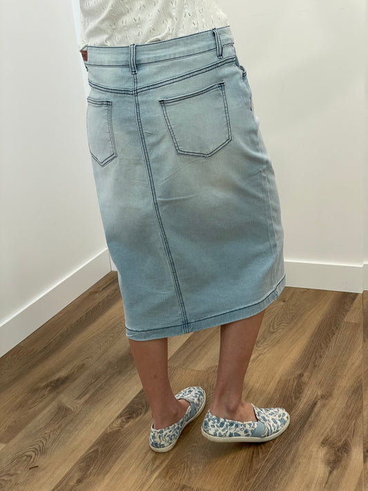 "Ava" Light Indigo Calf Length Denim Skirt - Ladies & Lavender Boutique