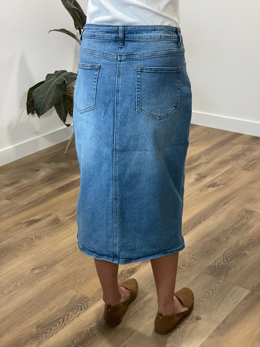 Remi Light Wash Denim Midi Skirt - Ladies & Lavender Boutique