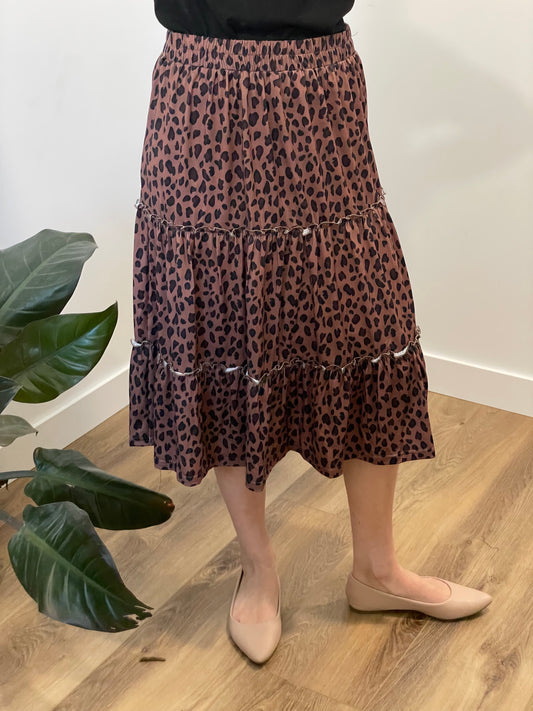 Kaylee Ruffle Tiered Midi Skirt in leopard taupe gray - Ladies & Lavender Boutique