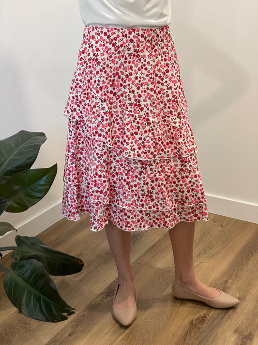 Taite Ruffle Tiered Skirt in Floral Red Pink