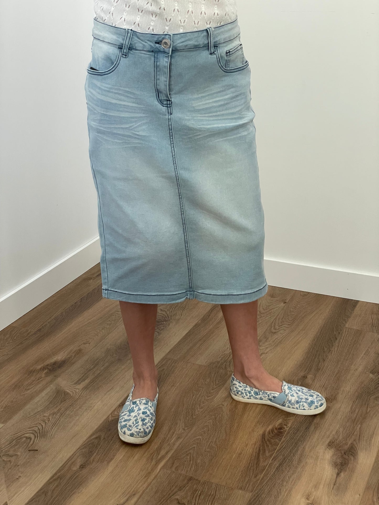 "Ava" Light Indigo Calf Length Denim Skirt - Ladies & Lavender Boutique