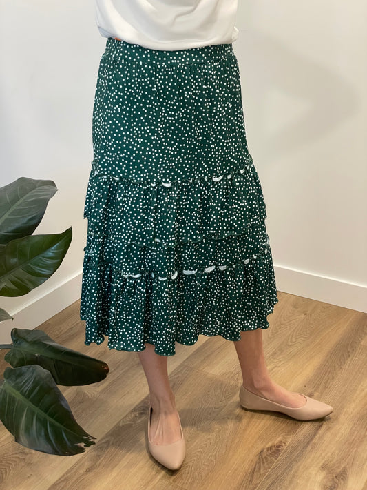 Kaylee Ruffle Tiered Midi Skirt in Dot Green