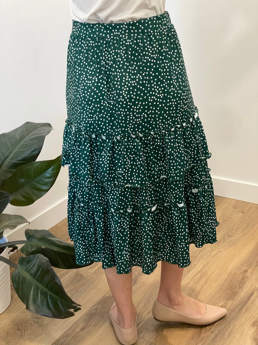 Kaylee Ruffle Tiered Midi Skirt in Dot Green