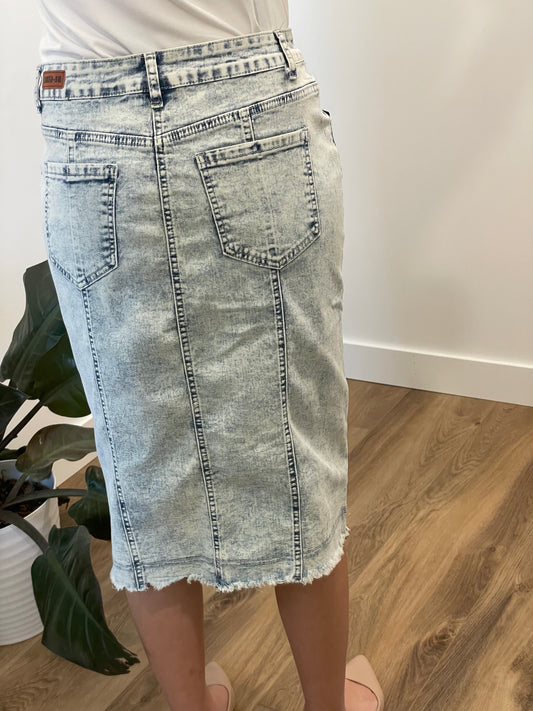 "Emery" in Sand Blast Calf Length Denim Skirt - Ladies & Lavender Boutique