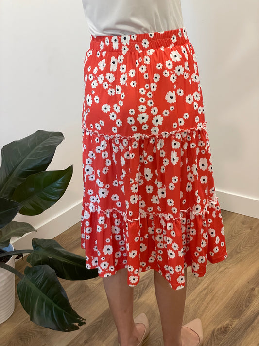 Amara Floral Tiered Midi Skirt in Floral Red