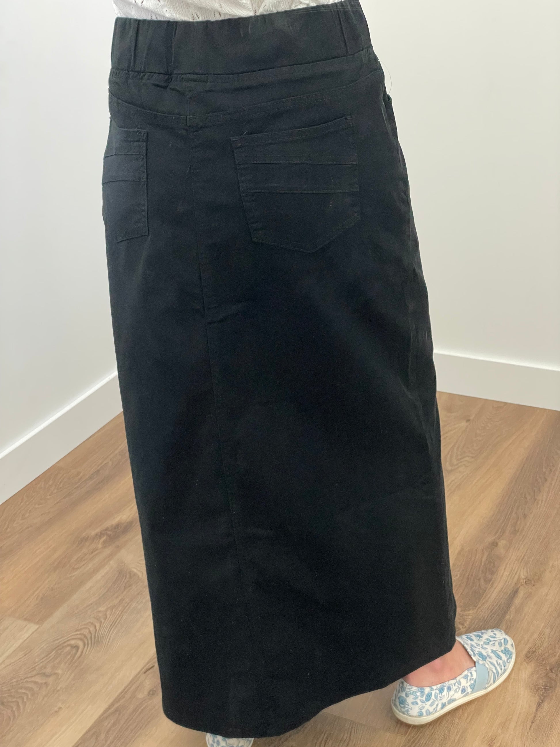 "Mila" Black Long Twill Skirt With Elastic Waistband - Ladies & Lavender Boutique