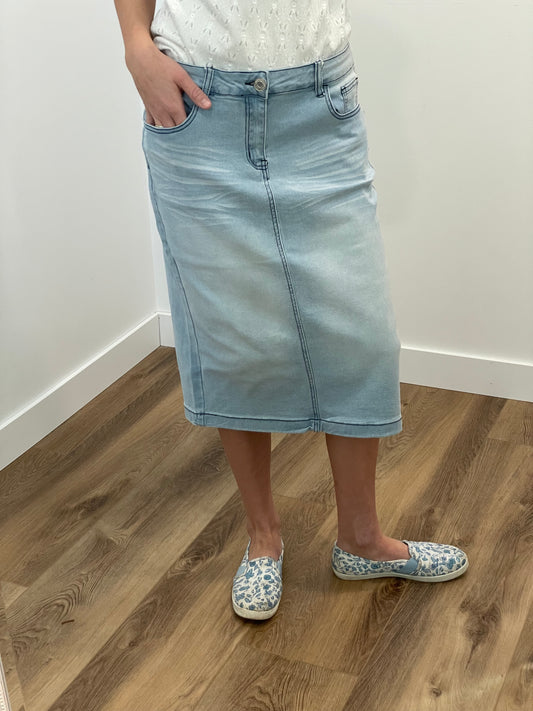 "Ava" Light Indigo Calf Length Denim Skirt - Ladies & Lavender Boutique