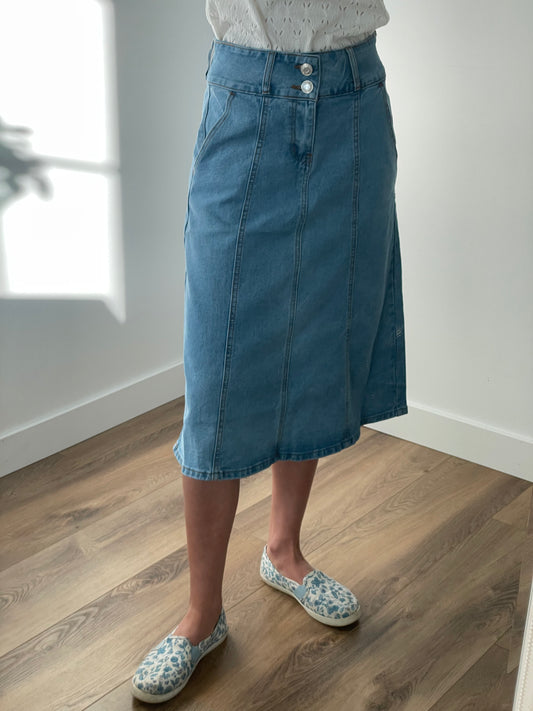 "Sadie" A-Line Denim Skirt in Stone Wash - Ladies & Lavender Boutique