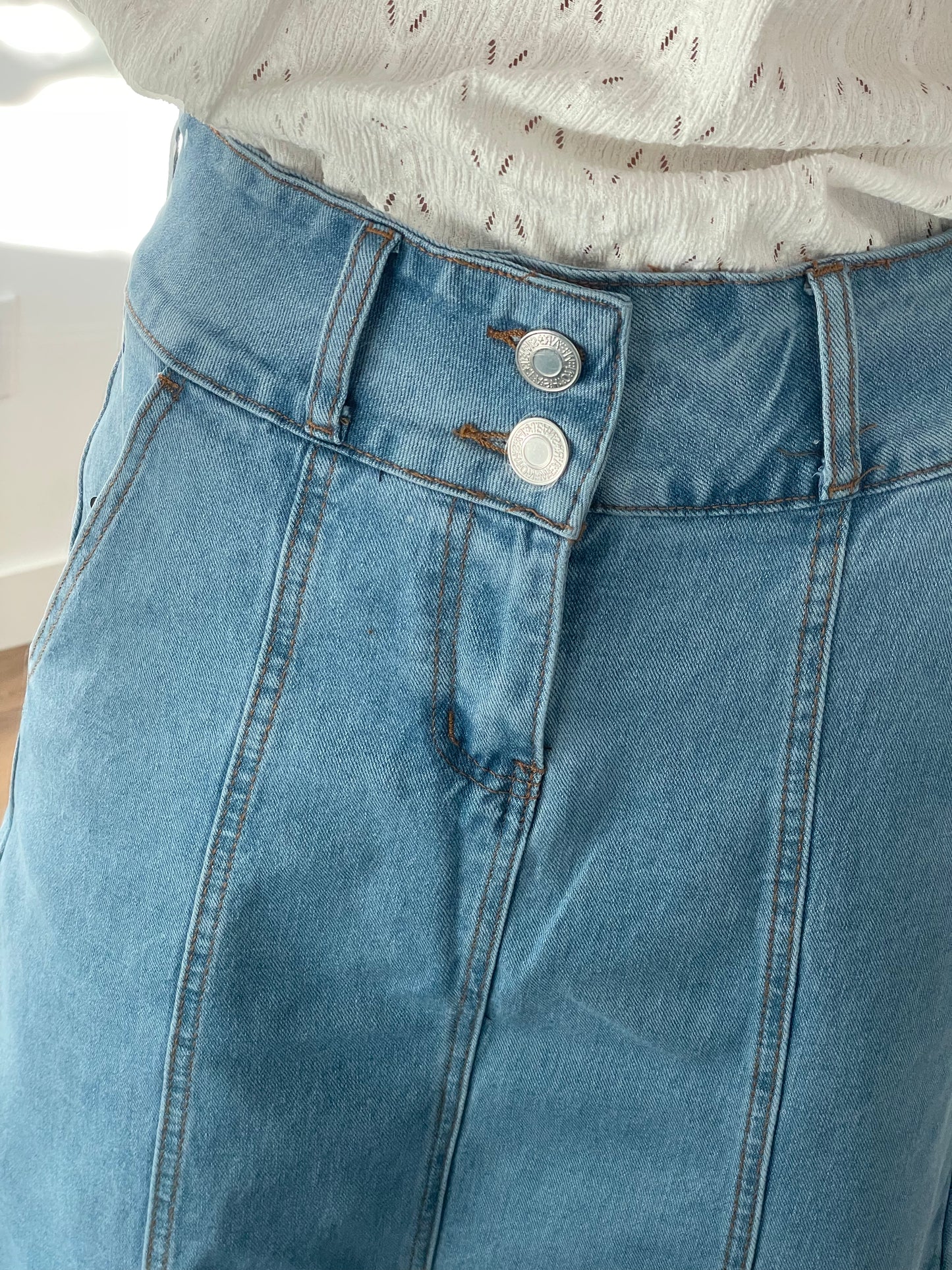 "Sadie" A-Line Denim Skirt in Stone Wash - Ladies & Lavender Boutique