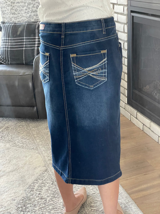 "Ella" Vintage Dark Indigo Calf Length Pencil Skirt With Embroidered Pocket - Ladies & Lavender Boutique