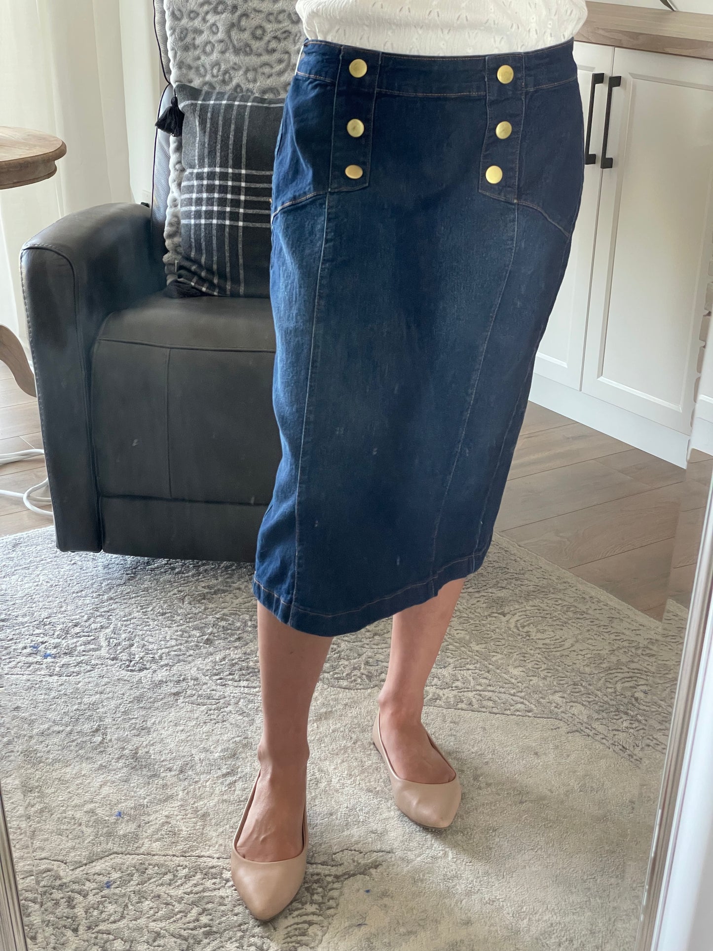 "Charlotte" Calf Length Denim Skirt With Front Buttons - Ladies & Lavender Boutique