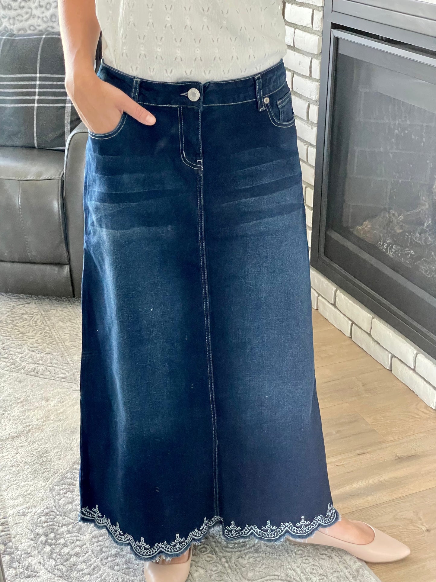"Nora" Long Denim Skirt in Dark Indigo Wash - Ladies & Lavender Boutique