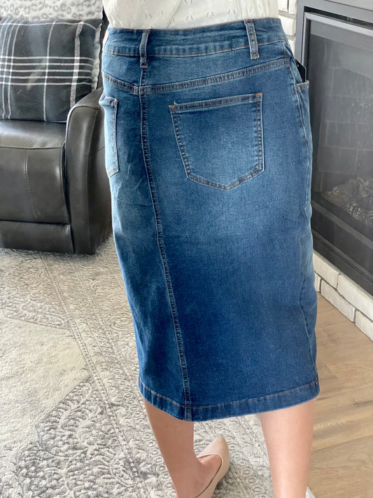 "Ava" Indigo Calf Length Denim Skirt - Ladies & Lavender Boutique