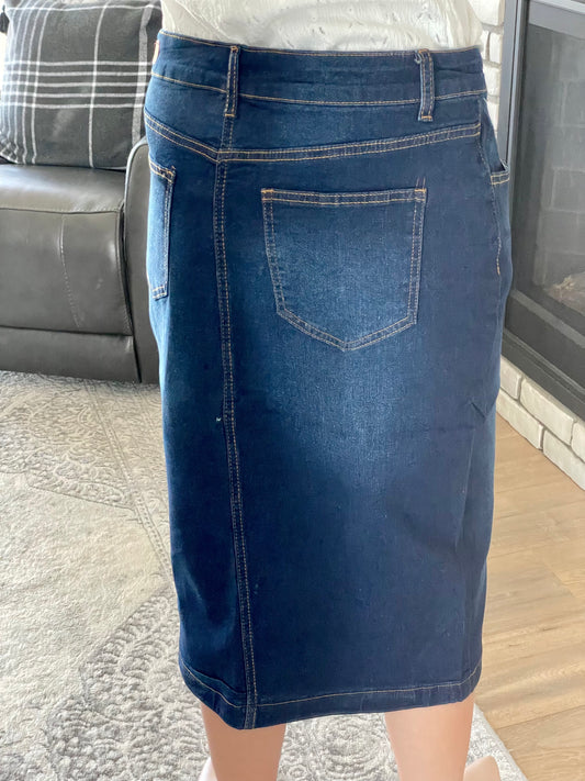 "Ava" Dark Indigo Calf Length Denim Skirt - Ladies & Lavender Boutique
