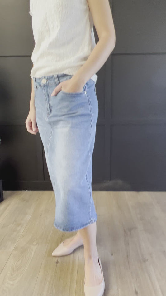 Remi Light Wash Denim Midi Skirt 29 inches long - CLEARANCE