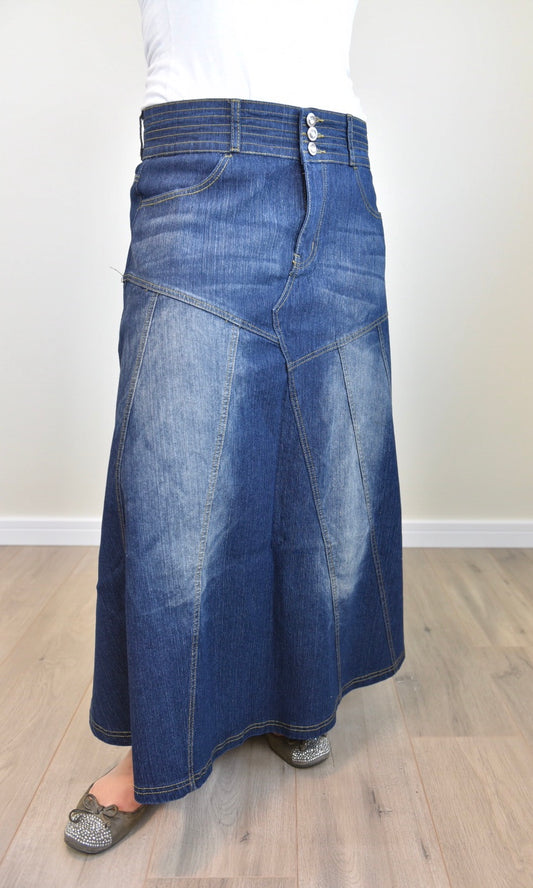 "Amelia" Long Denim Flare Skirt With Washed Out Effect - Ladies & Lavender Boutique
