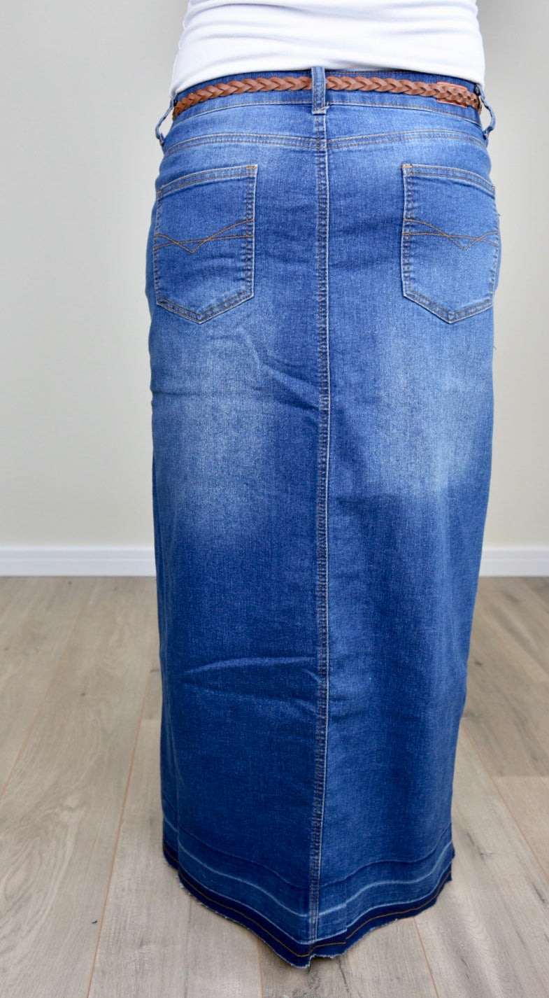 "Avery" Long Denim Skirt in Indigo Wash - Ladies & Lavender Boutique