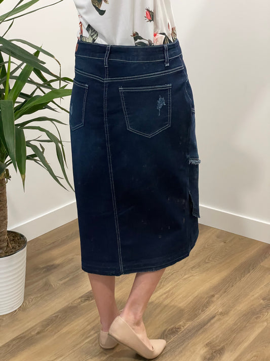"Gabriella" Dark Indigo Calf length Denim Skirt With Ruffle - Ladies & Lavender Boutique