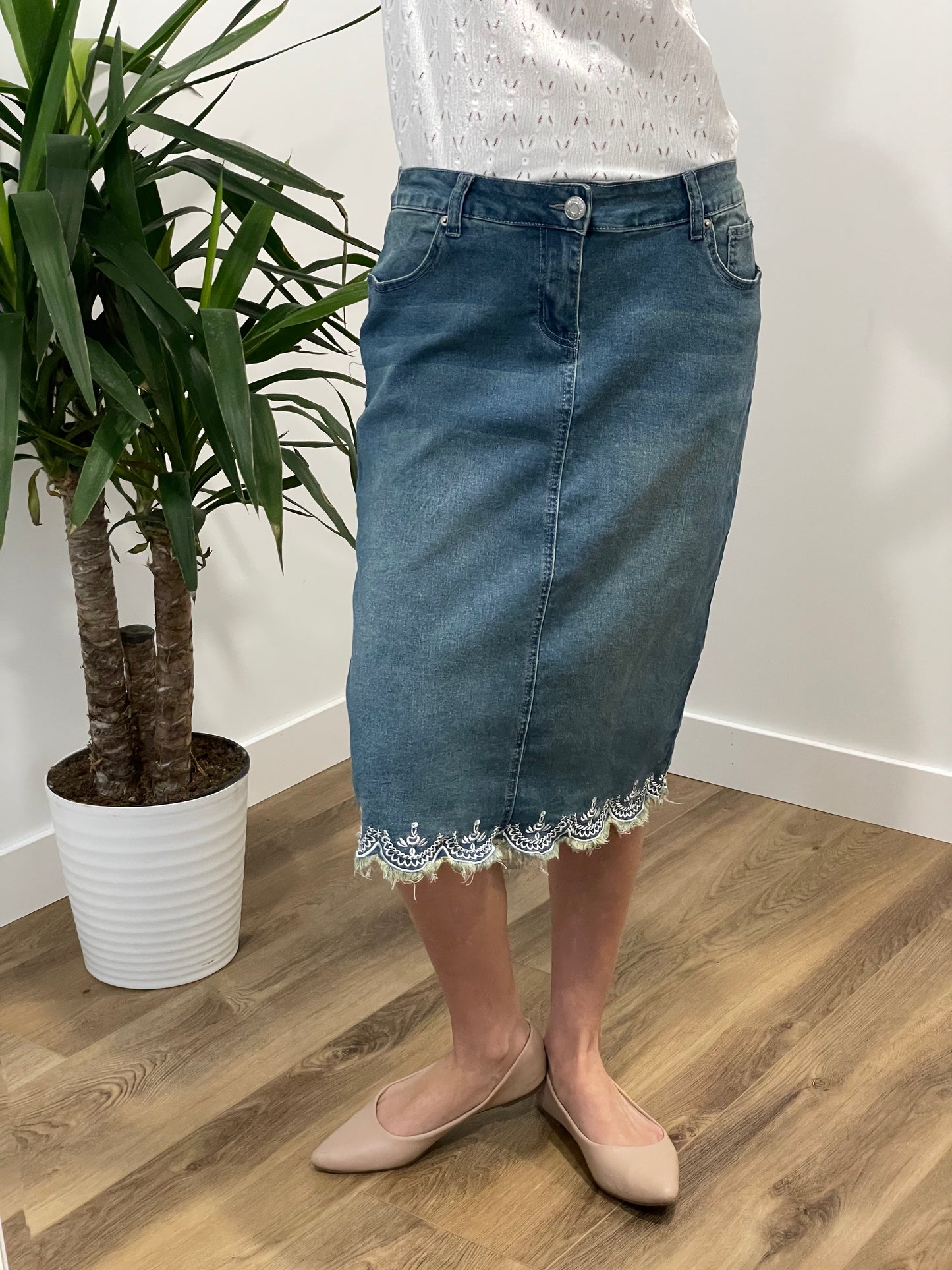 "Nora" in Vintage Calf Length Denim Skirt With Embellished Hem - Ladies & Lavender Boutique