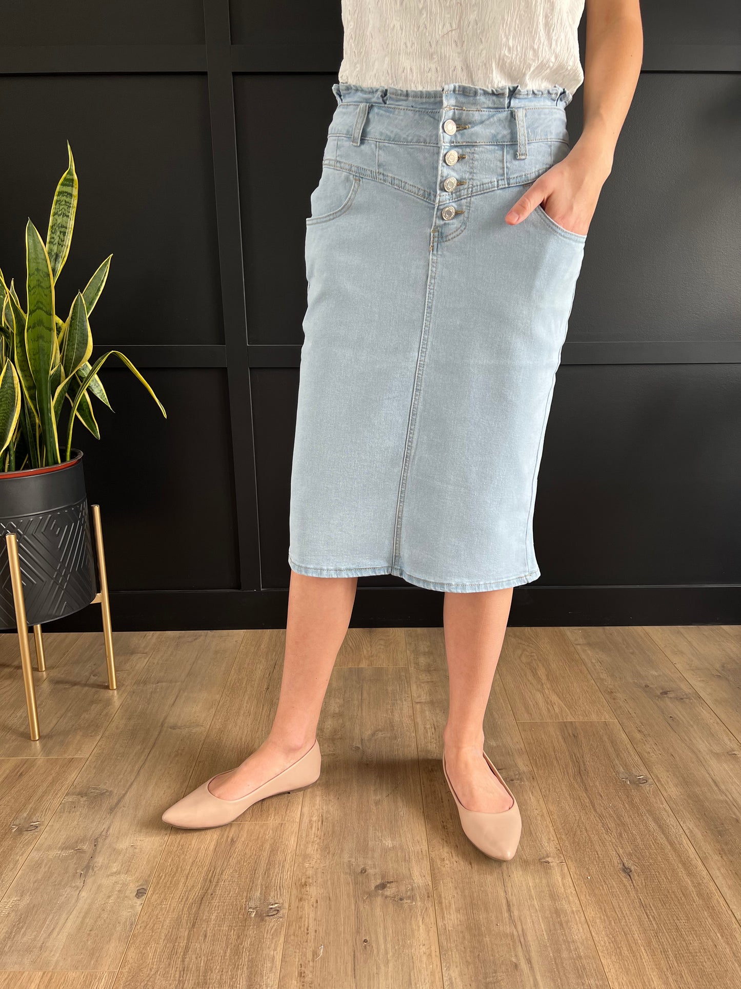 "Valentina" Light Indigo Denim Ruffle Waistband Skirt - Ladies & Lavender Boutique
