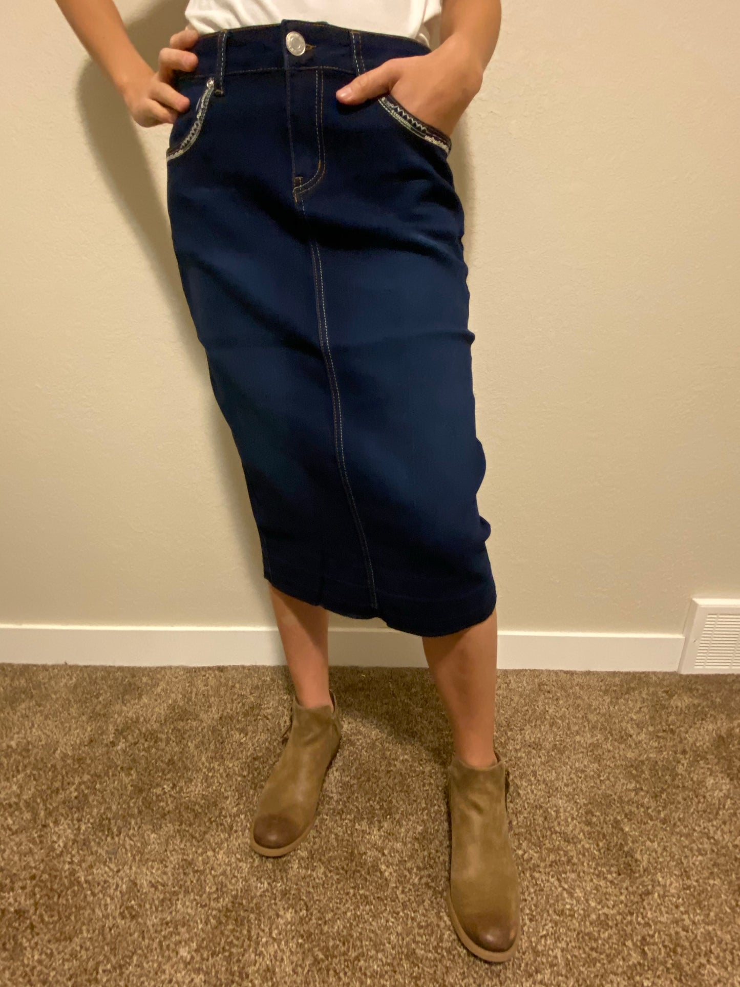“Hazel” Dark Indigo Calf Length Pencil Skirt With Embroidered Pockets - Ladies & Lavender Boutique