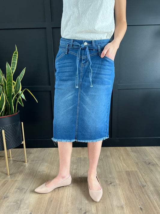 "Adeline" Indigo Denim Skirt With Waist Tie - Ladies & Lavender Boutique