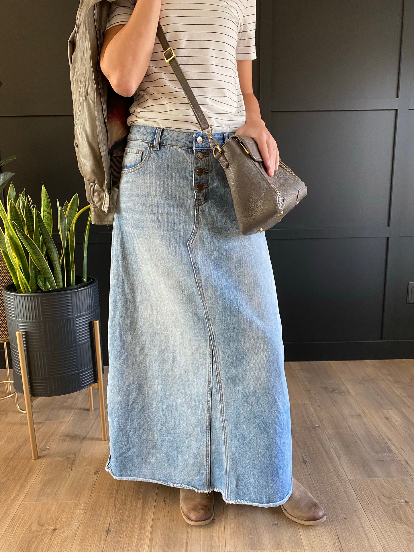 "Aurora" A-Line Long Denim Skirt in Light Wash - Ladies & Lavender Boutique