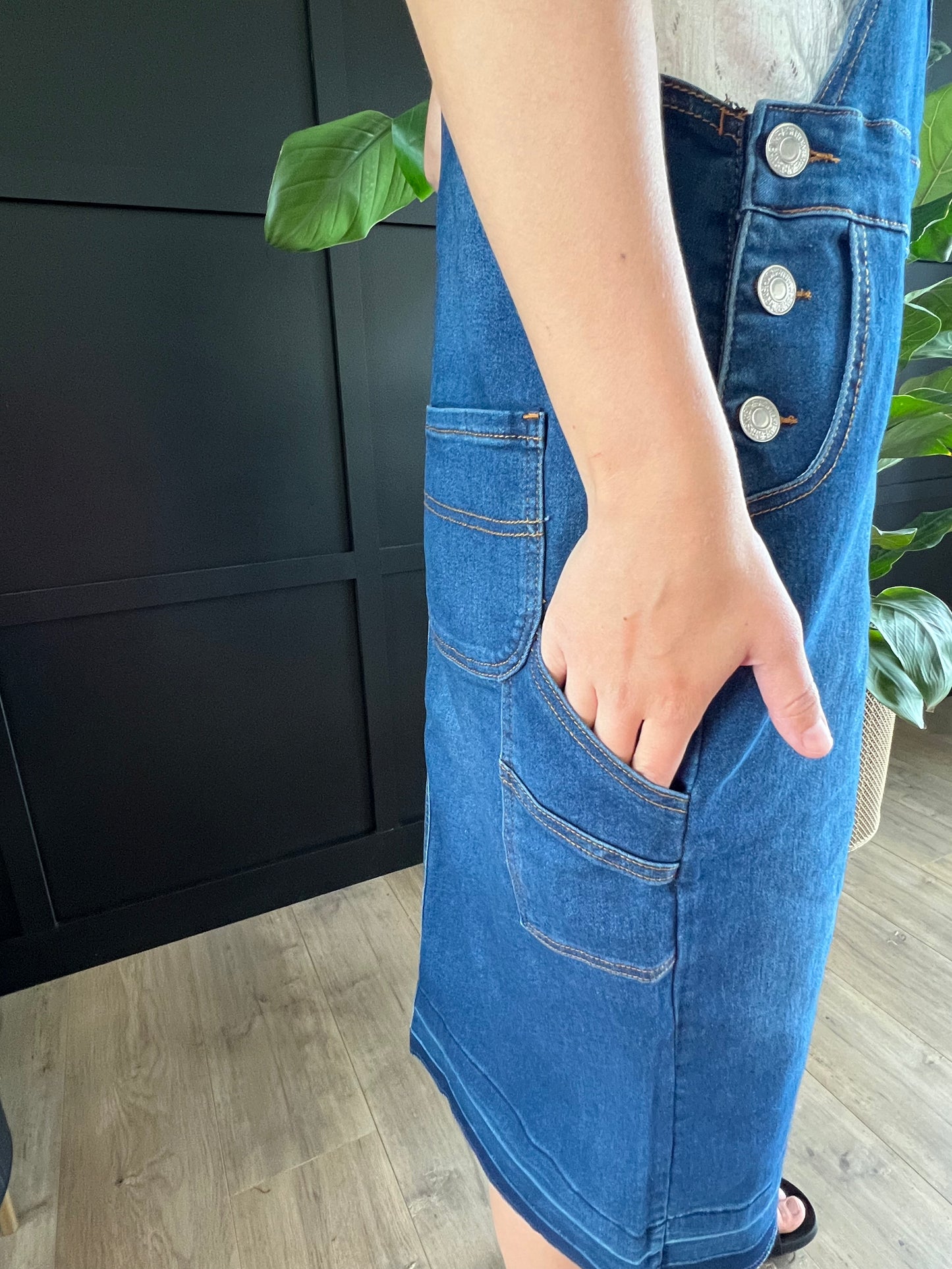 "Aubrey" Indigo Midi Denim Overall Dress - Ladies & Lavender Boutique