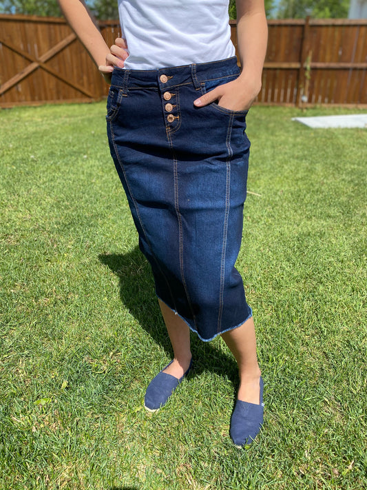 "Paisley" Dark Indigo Button Down Opening Calf Length Pencil Skirt - Ladies & Lavender Boutique