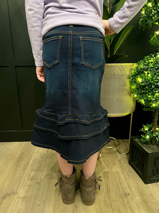"Laura" Dark Indigo Girls Denim Skirt With Ruffles - Ladies & Lavender Boutique