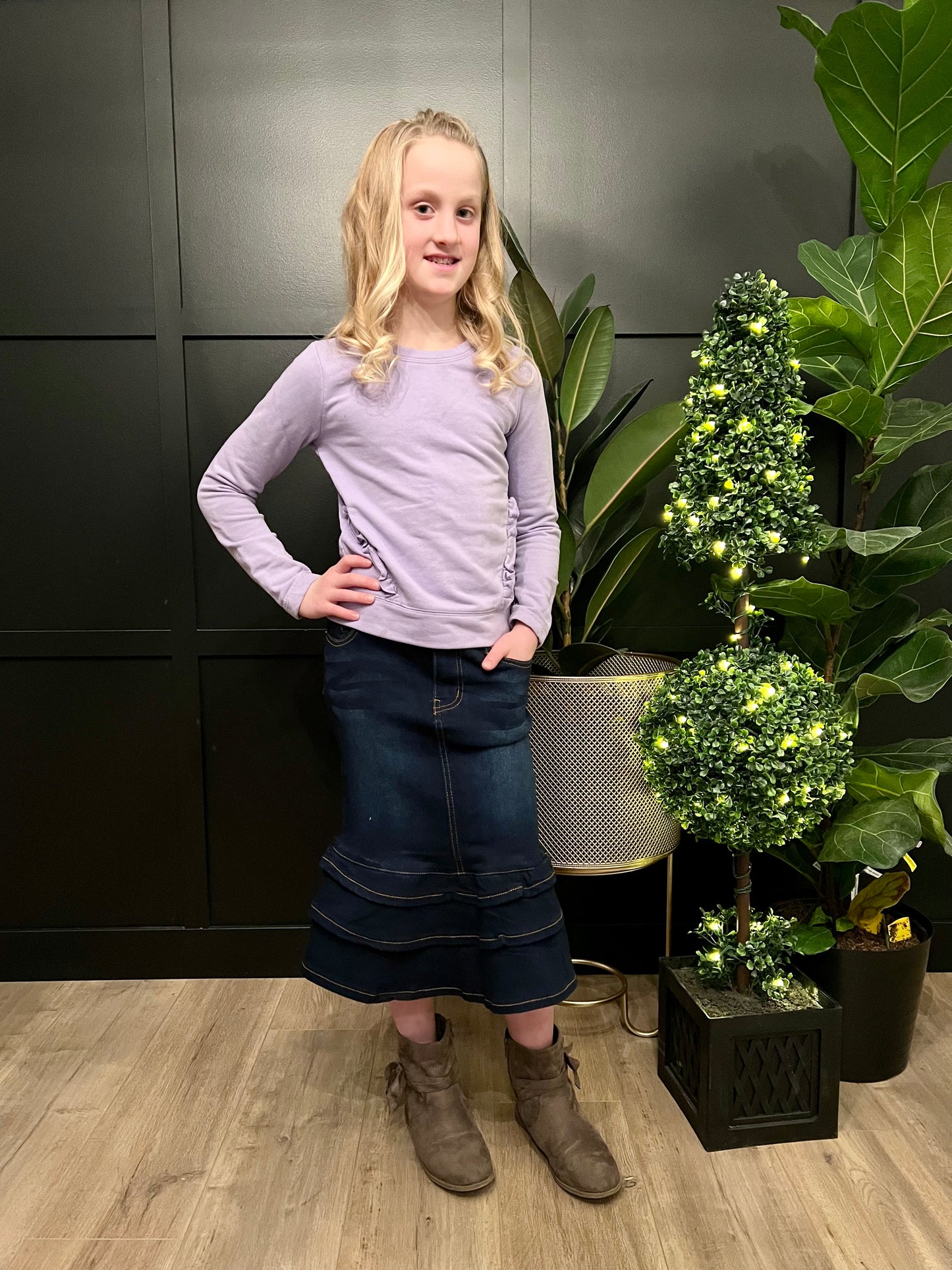 "Laura" Dark Indigo Girls Denim Skirt With Ruffles - Ladies & Lavender Boutique
