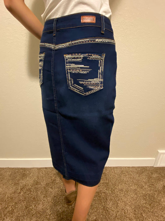 “Hazel” Dark Indigo Calf Length Pencil Skirt With Embroidered Pockets - Ladies & Lavender Boutique