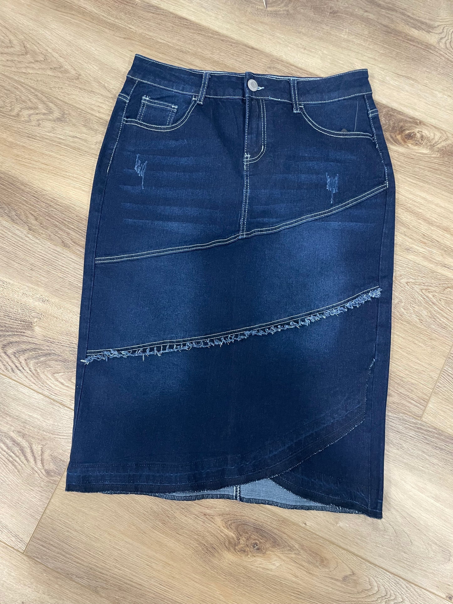 "Gabriella" Dark Indigo Calf length Denim Skirt With Ruffle - Ladies & Lavender Boutique