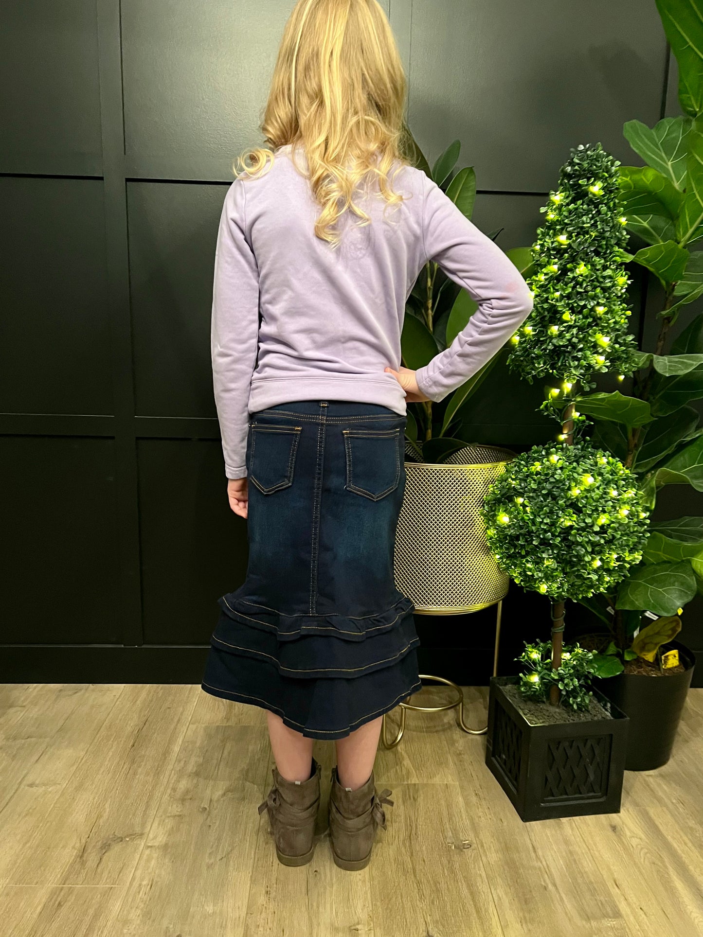"Laura" Dark Indigo Girls Denim Skirt With Ruffles - Ladies & Lavender Boutique