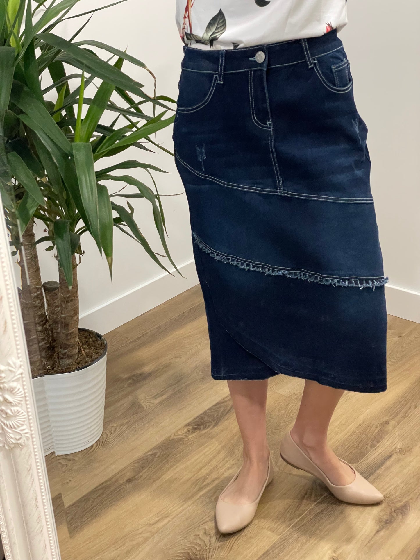 "Gabriella" Dark Indigo Calf length Denim Skirt With Ruffle - Ladies & Lavender Boutique