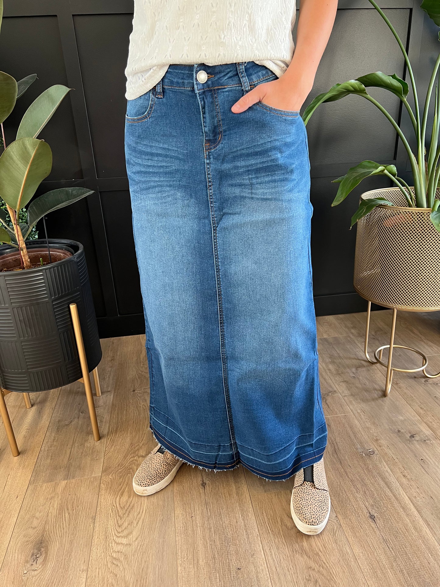 "Amaya" Long Denim Skirt in Indigo Wash - Ladies & Lavender Boutique
