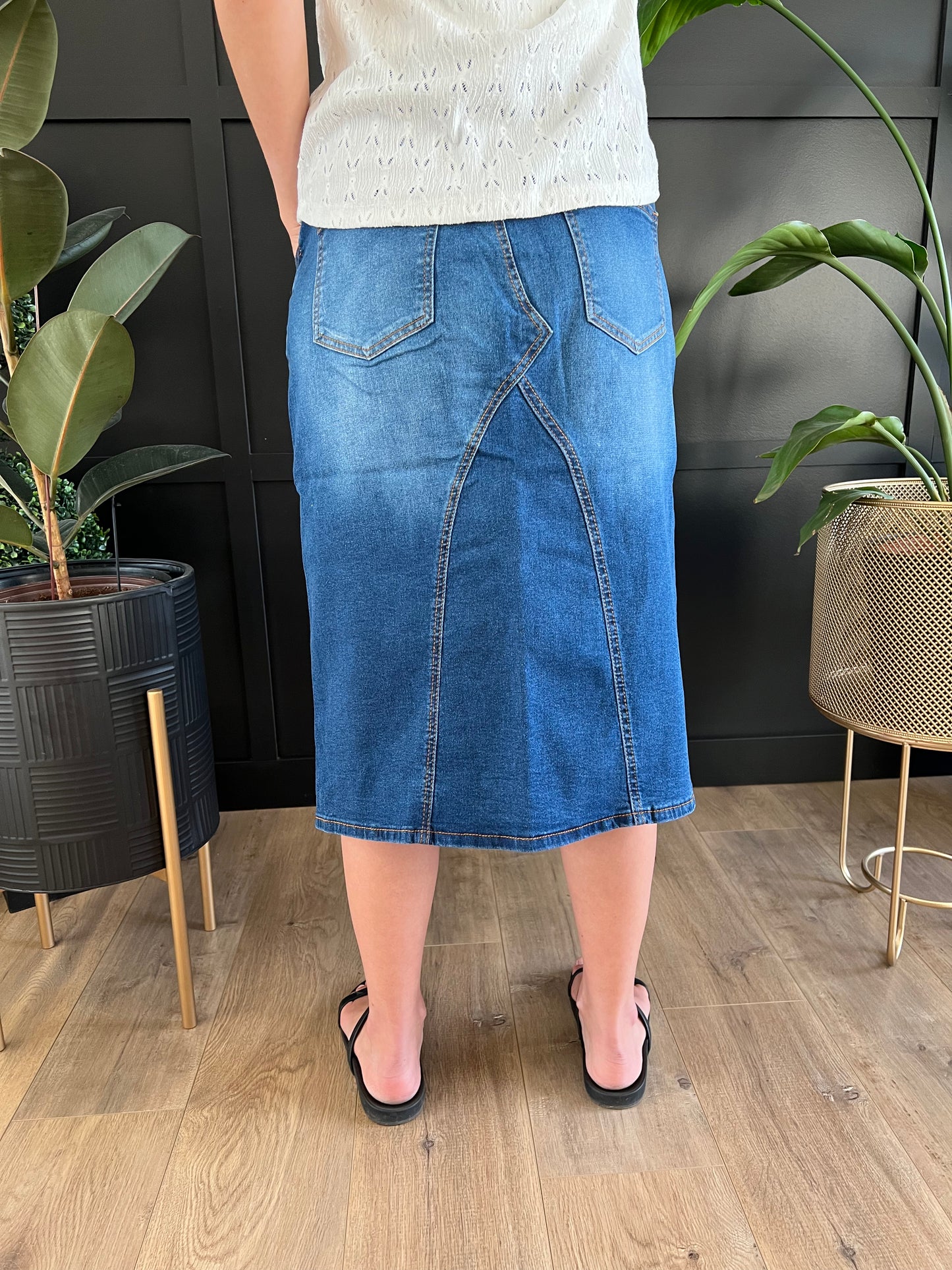 "Naomi" Calf length A-Line Denim Skirt in Indigo Wash - Ladies & Lavender Boutique