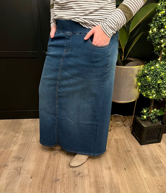 "Harper" Indigo Long Straight Denim Skirt With Elastic Waistband - Ladies & Lavender Boutique
