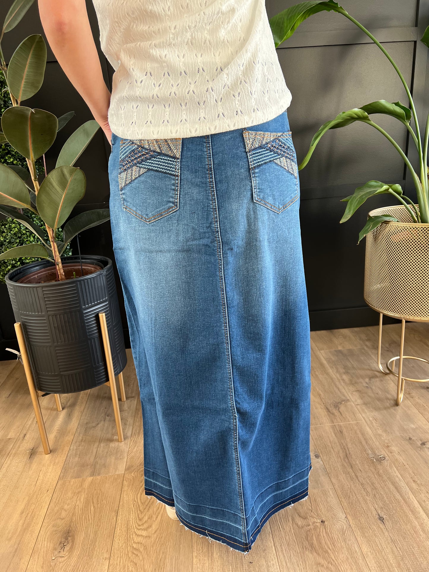"Amaya" Long Denim Skirt in Indigo Wash - Ladies & Lavender Boutique