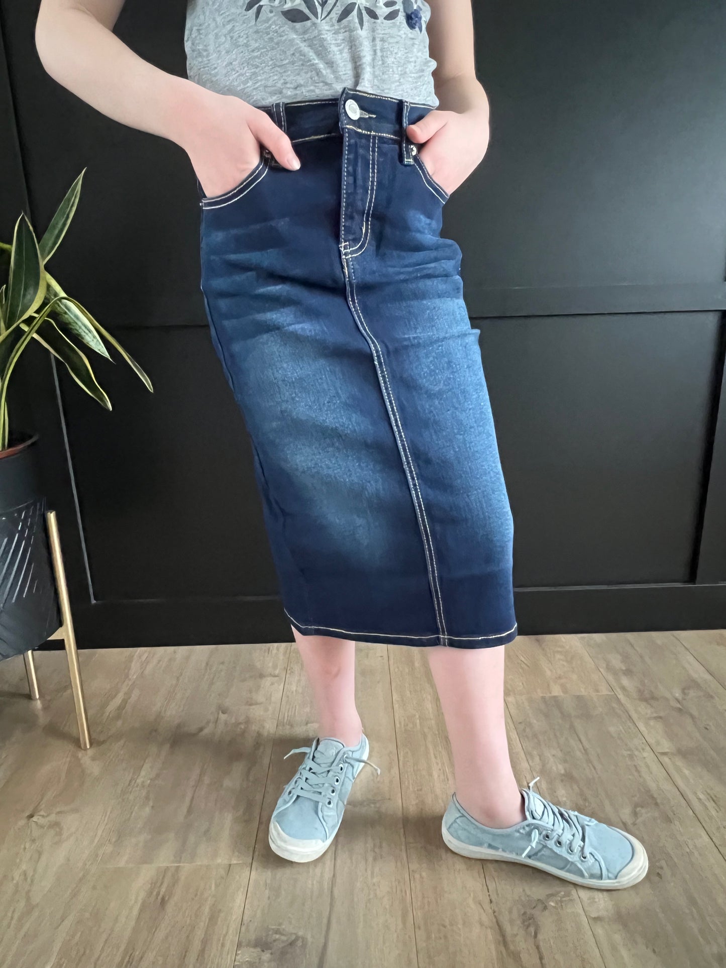 "Ella" Girls Denim Mid Length Skirt with Embroidered Back Pocket - Ladies & Lavender Boutique
