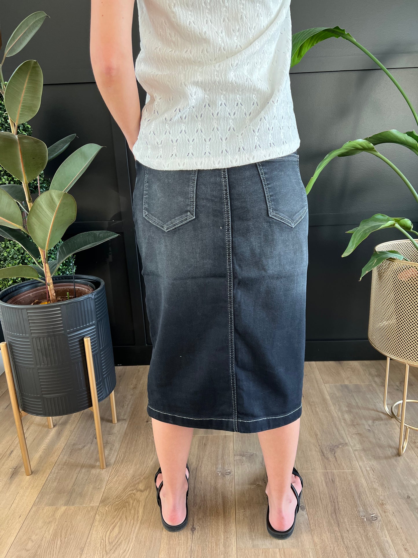 "Ava" Black Calf Length Denim Skirt - Ladies & Lavender Boutique