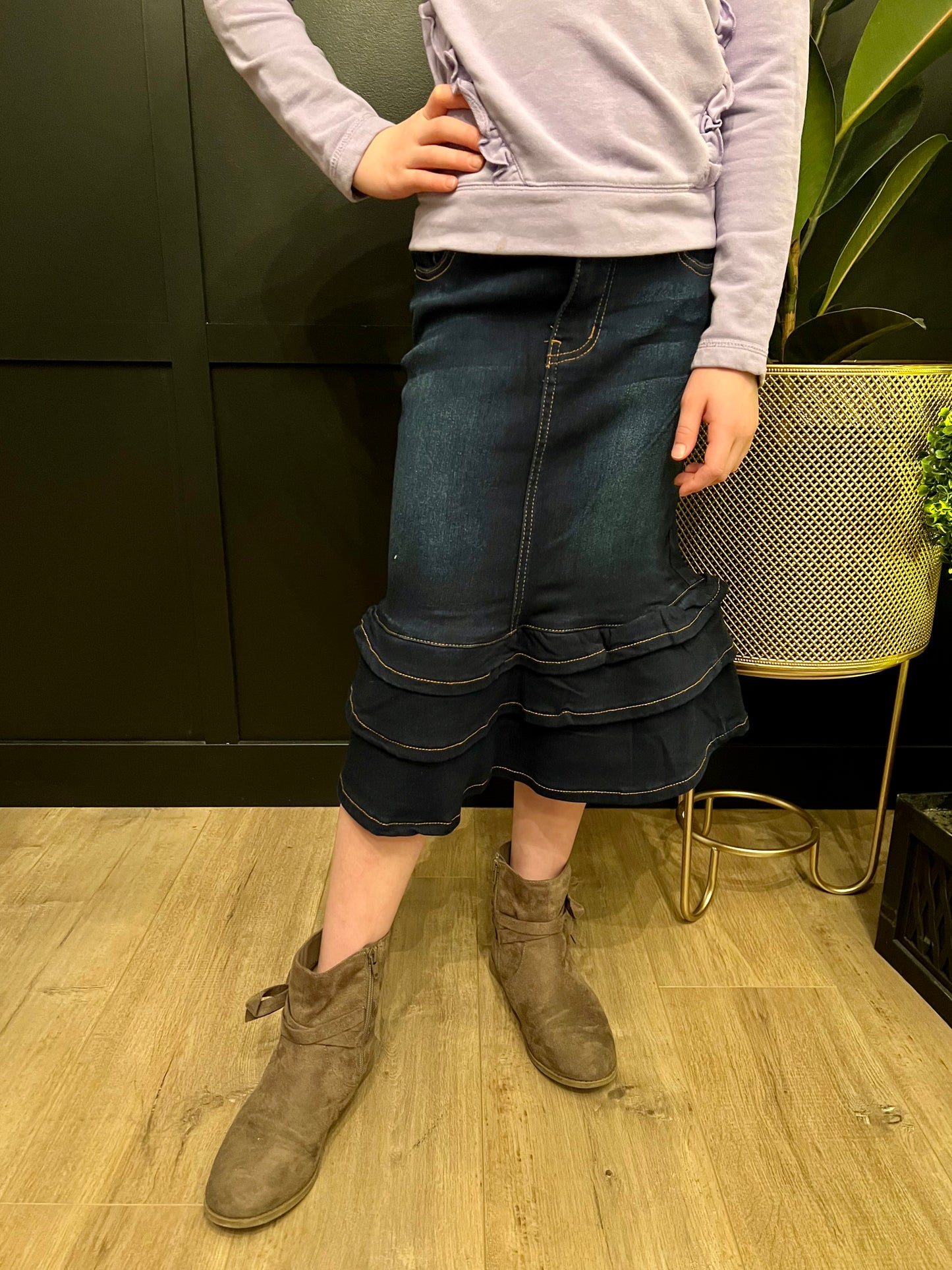 "Laura" Dark Indigo Girls Denim Skirt With Ruffles - Ladies & Lavender Boutique