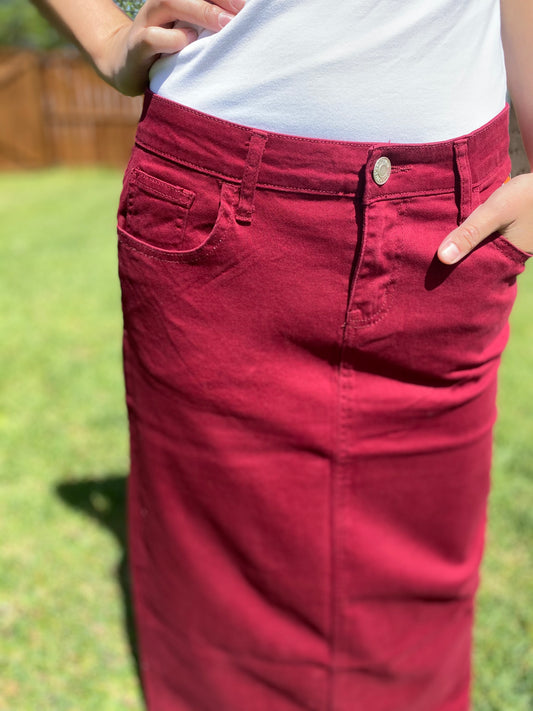 “Skylar” in Wine Coloured Twill Long Skirt - Ladies & Lavender Boutique