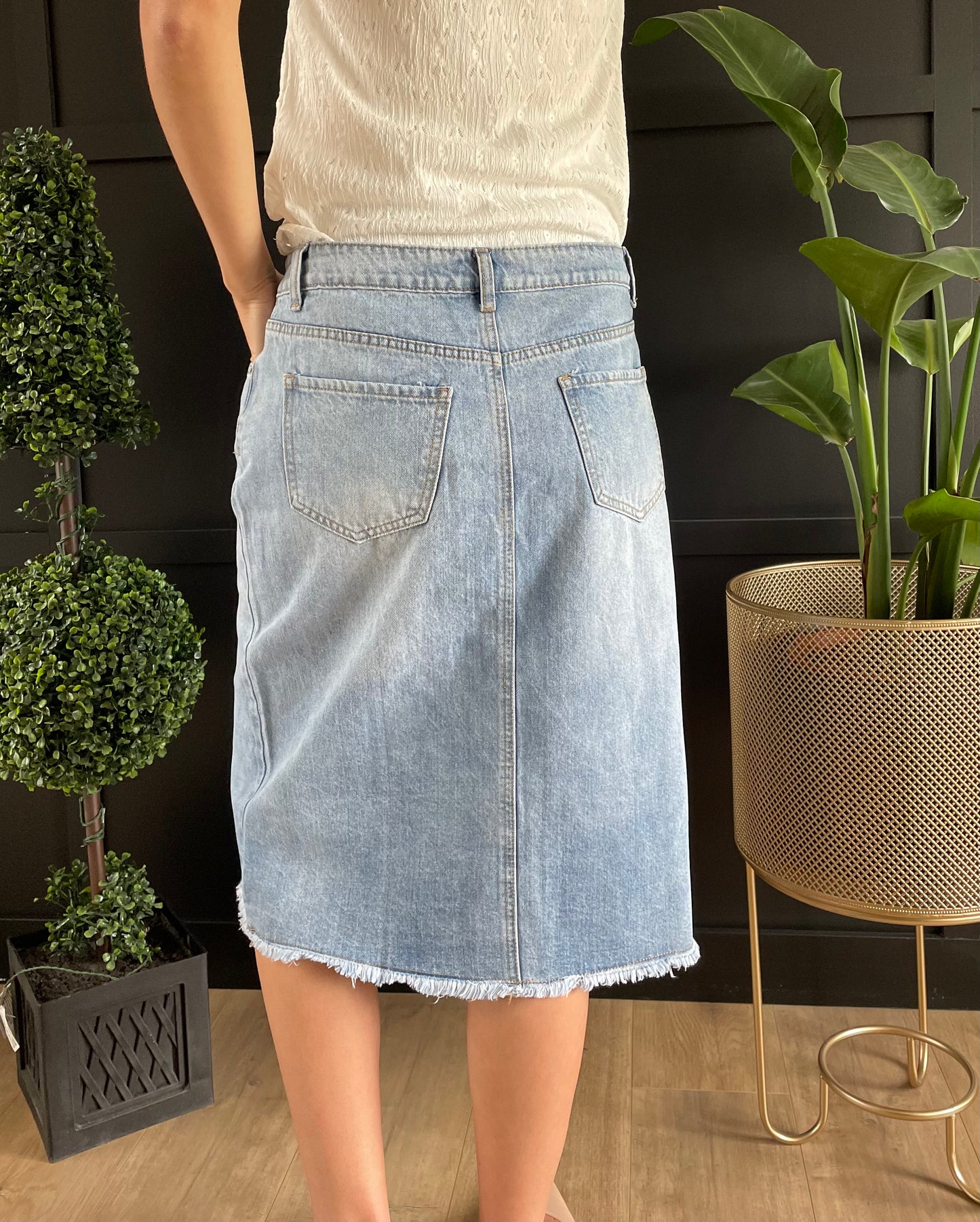 "Aurora" A-Line Calf Length Light Denim Skirt - Ladies & Lavender Boutique