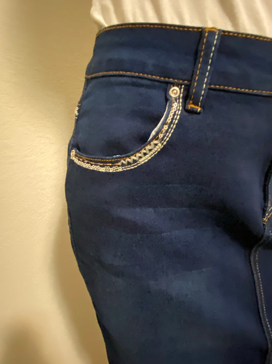 “Hazel” Dark Indigo Calf Length Pencil Skirt With Embroidered Pockets - Ladies & Lavender Boutique