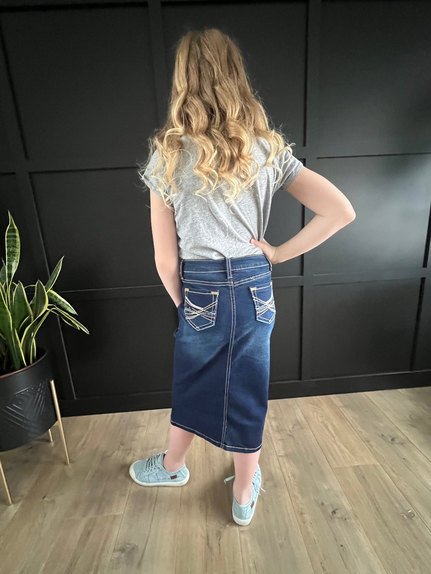 "Ella" Girls Denim Mid Length Skirt with Embroidered Back Pocket - Ladies & Lavender Boutique