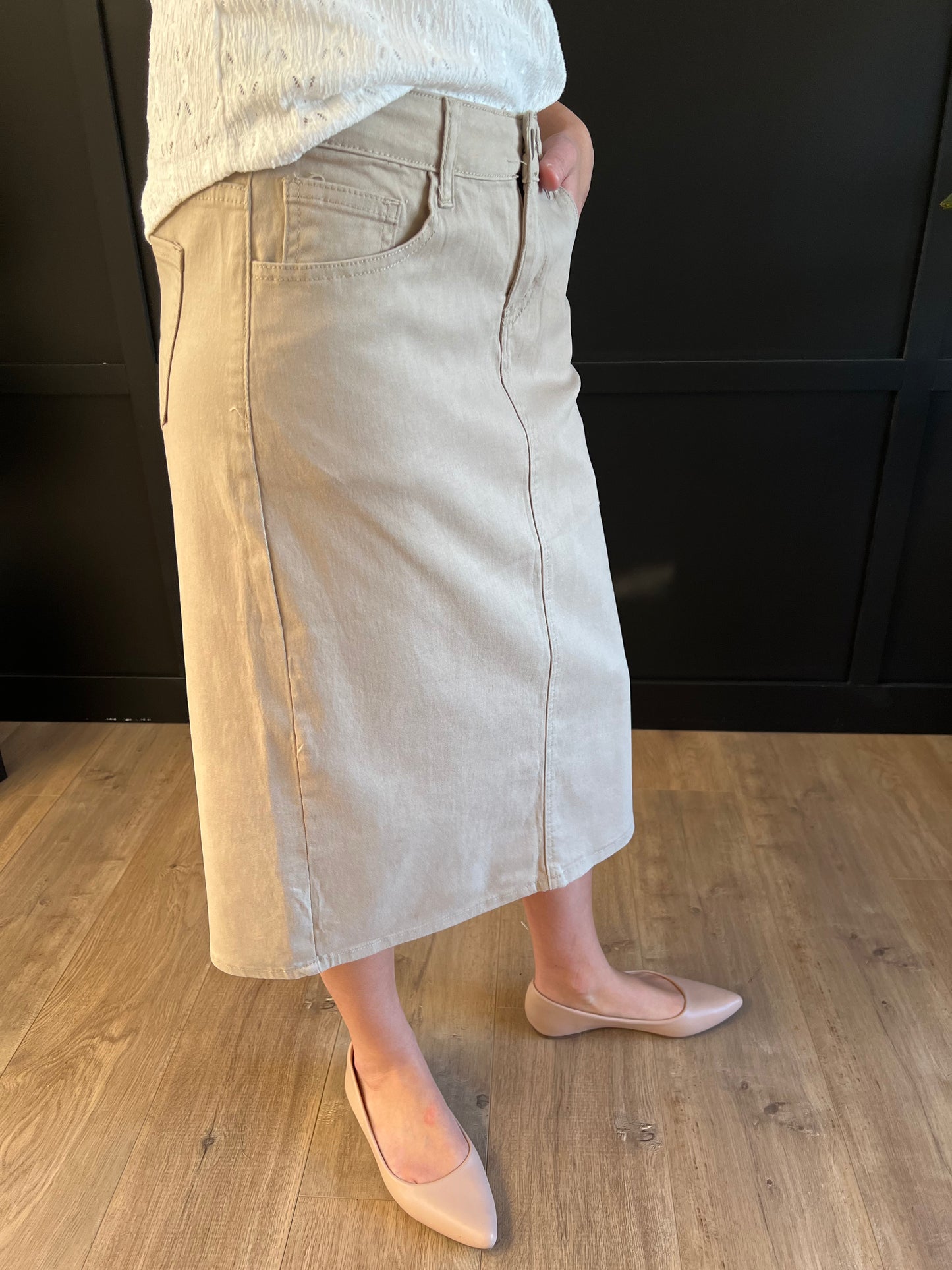 Remi Tawny Taupe Midi Skirt 29 inches long - Ladies & Lavender Boutique