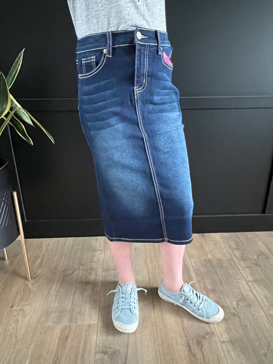 "Ella" Girls Denim Mid Length Skirt with Embroidered Back Pocket - Ladies & Lavender Boutique